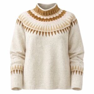 NWT CeCe Women's Fair Isle Mock Neck Oversized Sweater Size Large Cream Brown